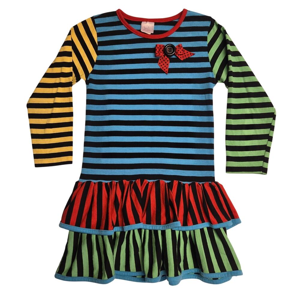 Buster Brown Kids Vintage Tiered Dress Size 6 Multicolor Stripes 90s Bow